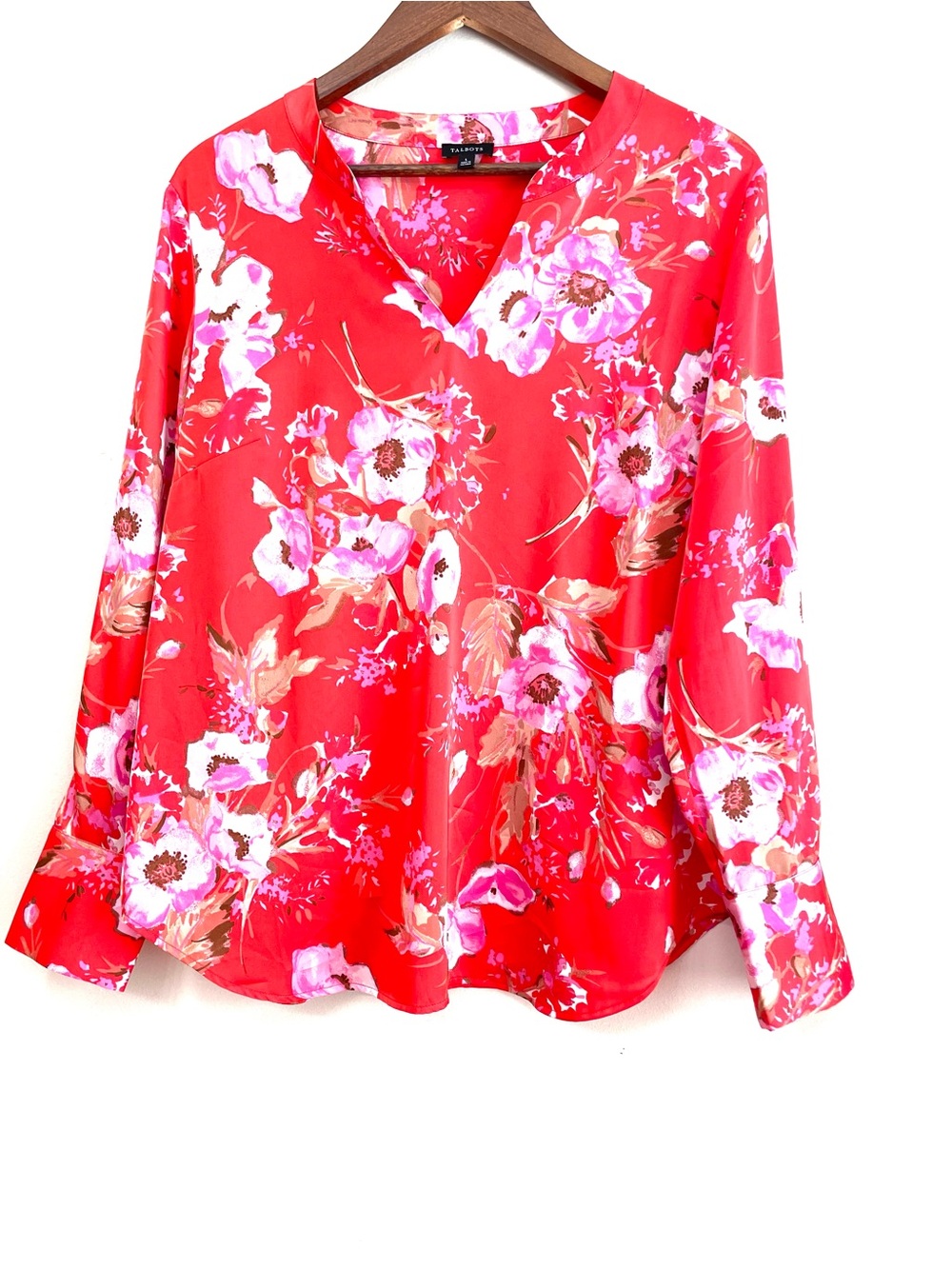 Talbots Floral Silky V Neck Long Sleeve Gold Button Top L